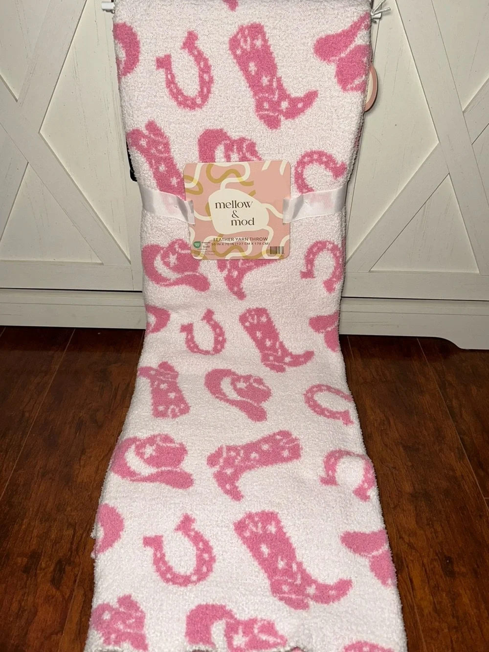 Mellow & Mod Pink Cowboy Boot Cowgirl Feather Yarn Throw Blanket